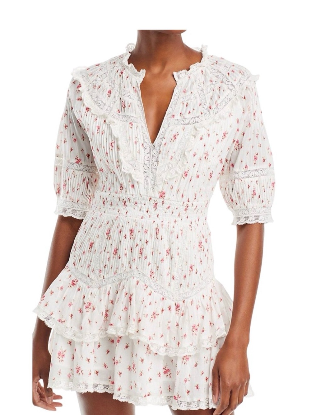 LoveShackFancy White Mini Dress with Rose Print and Lace Trim